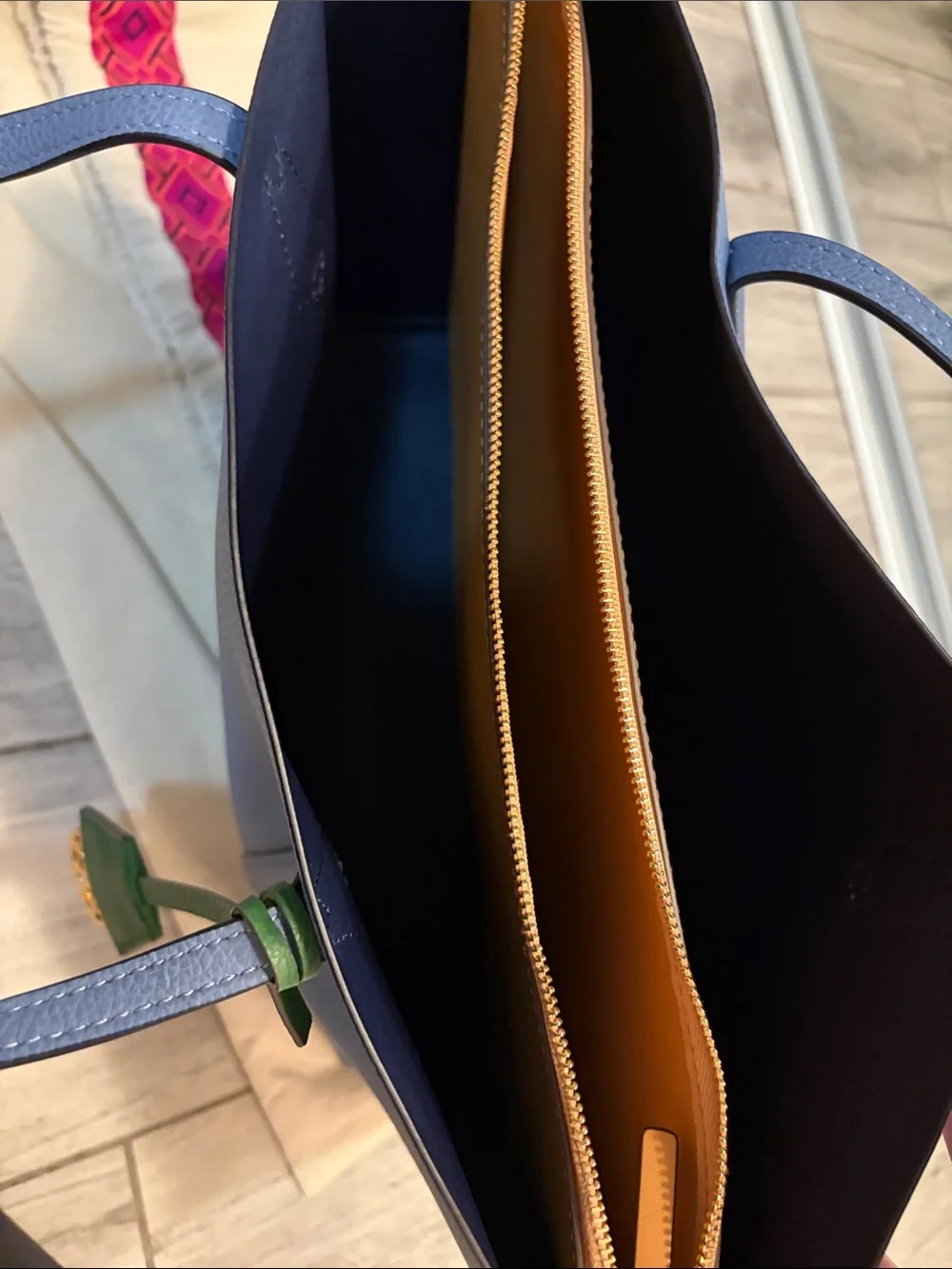 Tory Burch Perry Blue Leather Tote with Green Accent
